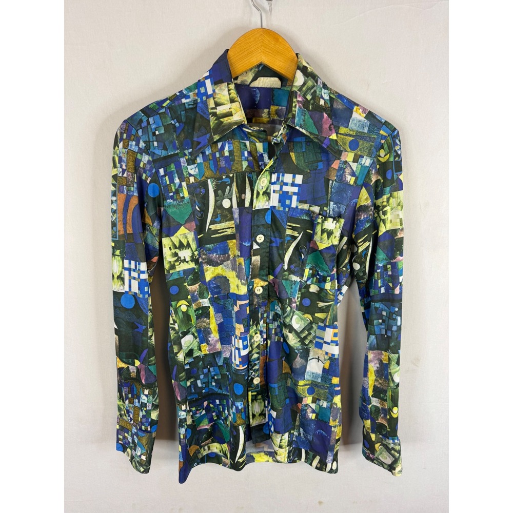 Vintage Vincent Slim Fit Abstract Geometric Print Disco Shirt Blue Green Mens S